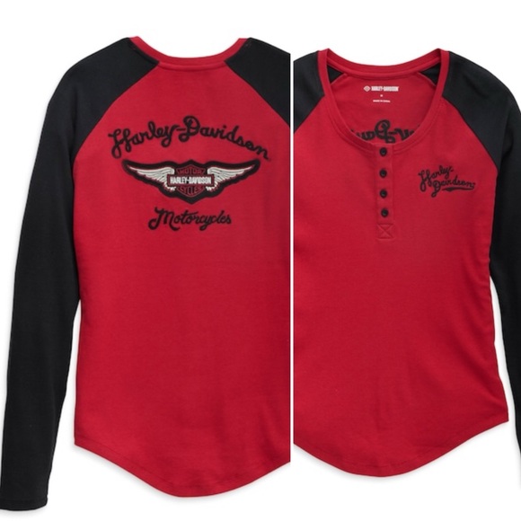 Harley-Davidson Timeless Silver Wing Henley Red and Black Long Sleeve Top Large - Picture 1 of 15